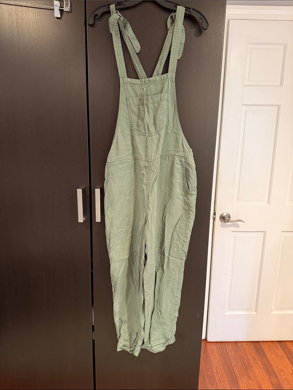 aerie Sage Green Tie-Shoulder Denim Overalls
